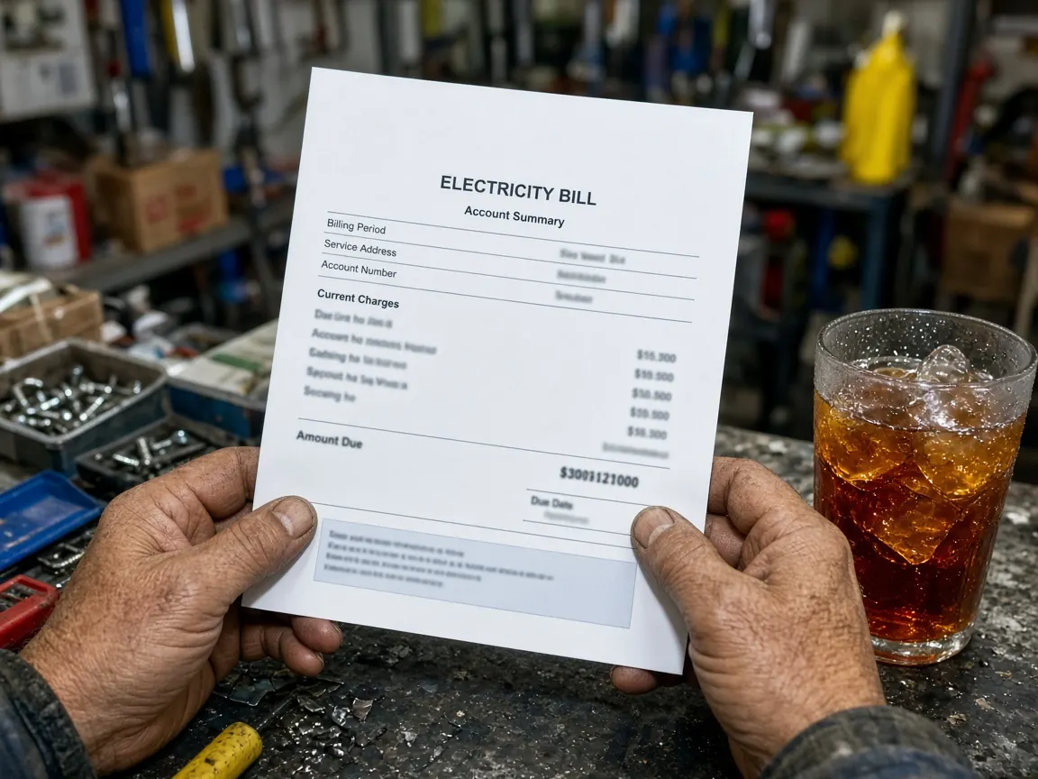 Weathered hands holding a commercial electricity bill at a hardware shop counter, a glass of iced tea beside it