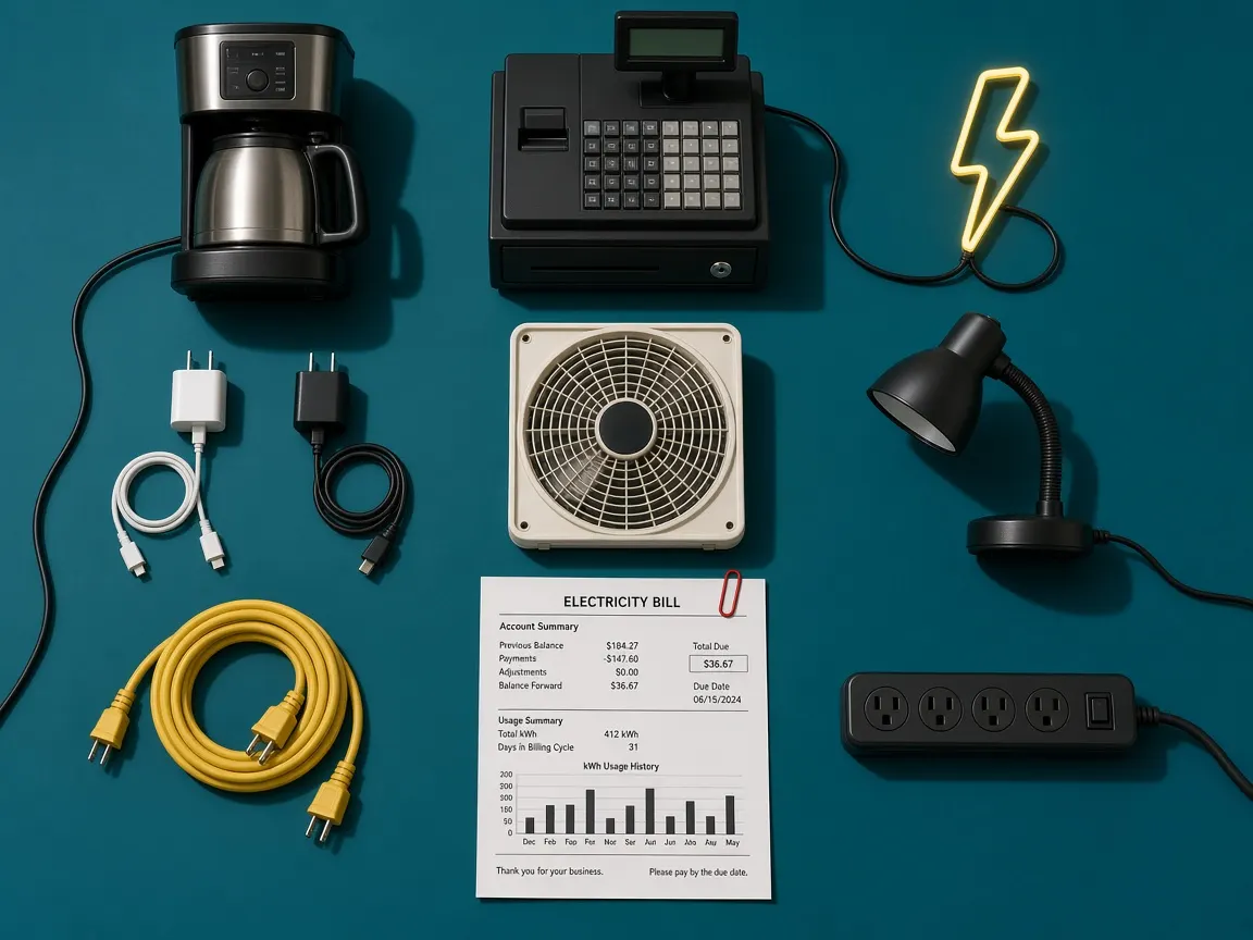 Overhead flat lay of a coffee maker, cash register, neon lightning bolt, fan, lamp, chargers and an electricity bill on a teal background