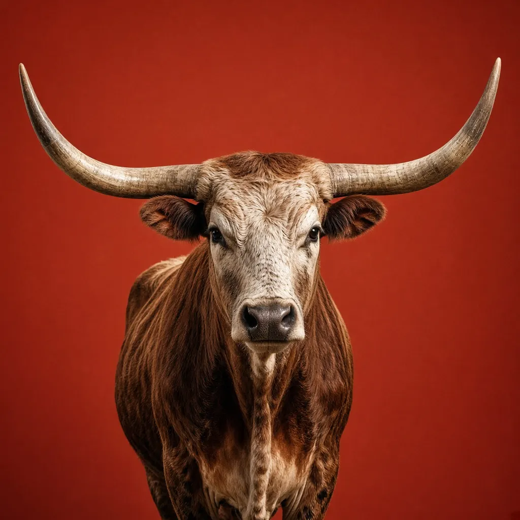 Studio portrait of a Texas longhorn steer against a brick-red backdrop