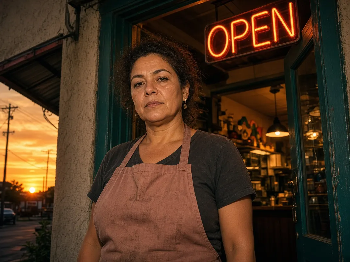 A Texas restaurant owner standing in her doorway at golden hour under a glowing OPEN sign